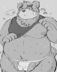 2020 absurdres anthro asian_clothing belly blush bulge buta5kawa east_asian_clothing eyewear fundoshi furry genitals glasses highres humanoid_hands japanese_clothing kemono male male_only mammal moobs navel nipples open_shirt overweight overweight_male shirt solo testicles tokyo_afterschool_summoners topwear underwear ursid volos