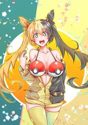 1girls 2019 :d bare_shoulders black_hair blonde_hair blush bra breasts brown_hair cigar_cat cleavage clothing cute eyebrows_visible_through_hair female female_only gijinka green_eyes hair_between_eyes hair_bobbles hair_ornament highres holding humanized humanized_pokemon jacket large_breasts long_sleeves looking_at_viewer moemon morpeko multicolored_hair nintendo open_clothes open_jacket open_mouth personification pokémon_(species) poke_ball pokemon pokemon_ss smile solo standing star teeth thick_thighs thighhighs thighs three-tone_hair tied_hair tongue twintails yellow_legwear zettai_ryouiki zipper