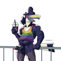 1:1 anthro avian balls better_version_at_source beverage bird black_penis clothing genitals hair hi_res holding_object humanoid_genitalia humanoid_penis leaning lgbt_pride_colors male male_only modern_bird penis ponytail pride_color_clothing pride_colors shirt solo tank_top topwear toucan uncut