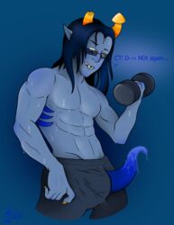 1boy absurd_res blue_background blue_eyes blue_hair blush boxers_(clothing) dialogue equius_zahhak grey_skin hi_res homestuck horns long_hair male male_only ms_paint_adventures muscular muscular_male pointy_ears precum scars sharp_teeth solo sunglasses sweat tentabulge tentacle text thr33y3dg0at troll webcomic weightlifting weights yellow_nails