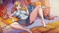 1girls arm_up background barefoot bed bedroom blonde_hair blue_eyes blush candy clothed clothed_female clothing detailed_background dildo ear_piercing earrings eyewear_removed feet female female_only glasses_removed hair harry_potter hogwarts hogwarts_school_uniform hogwarts_student human human_only innocent_witches laying_on_bed legs light-skinned_female light_skin lollipop long_hair looking_at_viewer luna_lovegood lying lying_back magic_user medium_breasts nipple_bulge on_back on_bed open_eyes panties panties_under_skirt piercing pillow plushie ravenclaw ravenclaw_school_uniform ravenclaw_tower red_tongue sad_crab scerg school_uniform schoolgirl schoolgirl_uniform sex_toy shiny_skin shirt short_sleeves siserg skirt solo solo_female spread_legs stuffed_toy teddy_bear tongue tongue_out toy underwear unicorn_plushie upskirt witch_(harry_potter)