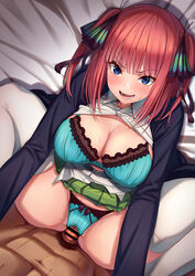 1boy absurdres bangs black_jacket black_ribbon blue_bra blue_eyes blue_panties blunt_bangs blush bra breasts butterfly_hair_ornament cleavage collared_shirt dress_shirt ebekus_omom erection female go-toubun_no_hanayome grinding hair_ornament highres jacket large_breasts long_hair long_sleeves looking_at_viewer m_legs momo_no_sukebe nakano_nino open_clothes open_jacket open_mouth open_shirt panties penis pink_hair ribbon shirt smile spread_legs straddling straight thighhighs thighs two_side_up underwear white_legwear white_shirt