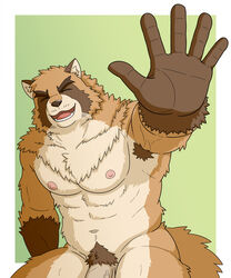 2020 anthro barazoku blue_eyes brown_body brown_fur canid canine closed_eyes fur furry genitals highres humanoid_hands jacklantern_11 kemono male male_only mammal muscular nipples penis pubic_hair raccoon_dog simple_background sitting solo tanuki