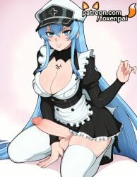 1futa 2025 ai_generated akame_ga_kill! artist_name blue_eyes blue_hair breasts bust chest cleavage cock dick dress erection esdeath_(akame_ga_kill!) foxenpai futanari gradient gradient_background hat hi_res high_heels high_quality high_resolution highres long_hair maid patreon patreon_username peaked_cap penis phimosis precum rule_63 smile solo stable_diffusion tattoo testicles thighhighs uncensored very_long_hair watermark white_apron