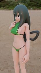 1girls 3d beach bikini blender euro female female_only green_hair my_hero_academia shy solo tsuyu_asui