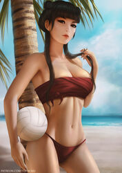 1girls asian avatar_the_last_airbender beach bikini_bottom black_hair breasts brown_eyes cleavage double_bun eyeliner female female_only fire_nation fringe hourglass_figure looking_at_viewer mai_(avatar) medium_breasts midriff navel nickelodeon pale_skin seductive_eyes skinny solo swimsuit thong tied_hair twintails volleyball yellow_eyes yupachu