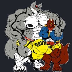 2017 4_toes anthro balls big_balls big_bulge big_muscles big_penis boxers_(clothing) bulge canid canine canis clothing coat crossed_arms duo fierglief fierglief_(character) genitals grey_background grin hug huge_balls huge_bulge huge_cock huge_muscles hyper hyper_balls hyper_bulge hyper_genitalia hyper_muscles hyper_penis looking_at_viewer male male_only mammal muscular nipples penis plantigrade shirt simple_background size_difference smile swaggy toes topwear underwear veiny_muscles wolf