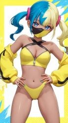 ai-created ai_generated animated bare_shoulders belt bikini black_belt black_mask blonde_hair blue_eyes blue_hair blue_nails blue_pants breasts buckle canari_(pokemon) canary_(pokemon) cleavage clothes_pull clothing cowboy_shot criss-cross_halter crop_top cropped_jacket dark-skinned_female dark_skin denim detached_sleeves female gluteal_fold grok gyaru h264_(codec) hair_ornament halter_top halterneck hand_up hands_on_hips hands_on_own_hips highleg highleg_bikini highleg_swimsuit hood hooded_jacket jacket jeans light_blue_hair long_hair long_sleeves looking_at_viewer makeup mask medium_breasts midriff mouth_mask mp4 multicolored_hair nail_polish navel no_audio open_clothes open_jacket pants pants_pull pantsu pokemon pokemon_(game) pokemon_character pokemon_legends:_z-a portrait shirt sleeves_past_wrists solo split-color_hair standing stomach stripper swimsuit tagme tanned thigh_gap thigh_strap thighs tied_hair twintails two-tone_hair underwear undressing video yellow_bikini yellow_jacket yellow_nails yellow_panties yellow_pants yellow_shirt yellow_swimsuit yellow_underwear zipper zipper_pull_tab