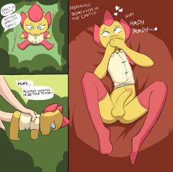 absurd_res anthro balls bleating_dip comic corsic english_text erection genitals glans hi_res male male/male mondealy penis plushie solo text voodoo voodoo_doll yellow_body