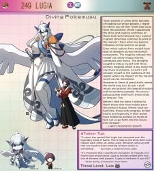 1boy 1girls character_sheet creature_index english_text female generation_2_pokemon height_difference hi_res human kinkymation legendary_pokemon long_hair lugia male military_uniform nintendo pokemon pokemon_(species) pokemorph pokemusu profile purple_hair tagme text text_box white_hair wings