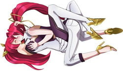 2girls ass blazblue blazblue:_cross_tag_battle blush breast_grab breasts closed_eyes crossover eyelashes female female_only izayoi_(blazblue) kissing leenvidia long_hair multiple_girls pants ponytail red_hair tsubaki_yayoi under_night_in-birth white_background yuri yuzuriha_(under_night_in-birth)