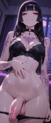 1futa abs ai_generated balls big_penis black_hair bra breasts choker cowboy_shot dickgirl futa_only futanari goth goth_futa goth_girl goth_girl_(jamesbron) hand_on_stomach hime_cut intersex jamesbron large_penis long_hair looking_at_viewer low-angle_view navel panties_down panty_pull penis precum precum_drip purple_eyes smug solo solo_futa standing stomach tattoo tattooed_arm tattoos thighs veiny_penis wide_hips