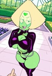 accurate_art_style ai_assisted ai_generated breasts dutch_angle dynamic_angle female g-string hood looking_at_viewer lowiqtaboo panties pawg peridot_(steven_universe) solo steven_universe thighhighs thong