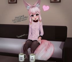 1girls 3d 3d_(artwork) 4k animal_ears anime_style blush breasts clothed clothed_female coffee cup cute cute_face cute_female dressed female female_focus female_only fluffy fluffy_tail flyingcookie fox_ears fox_girl fox_tail happy heart kemonomimi koikatsu living_room looking_at_viewer mug open_eyes open_mouth oppai original original_character pantyhose petite petite_body petite_female pigtail_braids pink_ears pink_eyes pink_hair pullover self_upload sfw short_hair small_breasts sofa text watermark wholesome young young_female younger_female