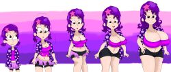 age_progression aged_up asian_female ass_expansion breast_expansion brown_eyes bubble_guppies hair_growth hair_piece milf oona_(bubble_guppies) purple_hair purple_jacket sequence torn_clothes twintails yoga_shorts