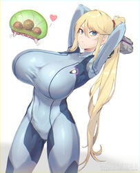 1girls alien alternate_breast_size armpits arms_behind_head baby_(metroid) big_breasts blonde_hair blue_eyes bodysuit breasts female gun heart huge_breasts interspecies large_breasts looking_at_viewer magister_(bigbakunyuu) metroid metroid_(creature) mole_under_mouth nintendo ponytail repost samus_aran skin_tight solo stretch_marks thick_thighs tight_clothing zero_suit zero_suit_samus