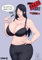 2d 2d_artwork beauty_mark beauty_mark_under_mouth black_bra black_hair bra bra_strap bra_straps breasts breasts_bigger_than_head brown_hair brunette_hair brunette_hair_female cleavage curvy curvy_female curvy_figure english english_text female female_focus female_only glasses glasses_on_face hand_on_hip hourglass_figure hourglass_figured_female laughing laughing_at_viewer long_hair looking_at_viewer mana_(yonda545) manager mature_female office_lady pants pointing_at_viewer purple-eyed_female purple_eyes shiny_hair shiny_skin smug smug_face smug_smile thick_thighs toned toned_female twitter twitter_strip_game voluptuous voluptuous_female wide_hipped_female wide_hips yonda545