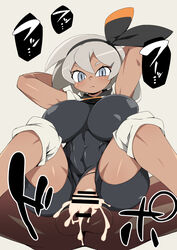 1boy 1girls abarabone94 abs alternate_breast_size balls bea_(pokemon) big_balls big_breasts censor_bar censored cum cum_in_pussy cum_inside dark-skinned_female dark-skinned_male dark_skin grey_hair hair_ribbon huge_breasts human large_breasts leotard nintendo pokemon pokemon_ss short_hair straight text thick_thighs torn_clothes torn_leotard vaginal_penetration vaginal_sex