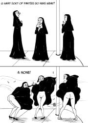 2koma 3girls accidental_exposure ass ass_focus black_and_white blush blushing bottomless bottomless_female bottomless_skirt comic comic_page crazycolumbina embarrassed embarrassed_female embarrassed_naked_female embarrassed_nude_female freckles_on_ass heels joke no_panties no_panties_under_skirt nopan nun nun's_habit nun_outfit pubic_hair pussy pussy_visible_through_thighs shocked shocked_expression sneakers upskirt wardrobe_malfunction wind_lift