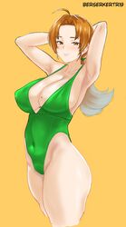 1girls abs armpits arms_up ass berserkert big_ass big_breasts blushing breasts brown_eyes brown_hair delia_ketchum_(pokemon) eye_contact female green_swimsuit hair_ribbon huge_breasts huge_thighs human long_hair looking_at_viewer mature_female milf mother nintendo pokemon smile swimsuit text thick_thighs thighs watermark wide_hips