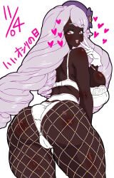 1girls ass ass_focus backboob big_ass big_breasts bra breasts dated female female_only fishnet_legwear fishnets game_freak gloves hair hair_ornament handwear heart hearts_around_head huge_breasts jacinthe_(pokemon) japanese_text lovelasu panties pink_eyes pokemon pokemon_legends:_z-a smile solo solo_female thick_thighs thighs white_bra white_gloves white_hair white_panties yukari_(pokemon)