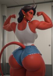 1girls 3d 3d_(artwork) ai_generated ass bare_shoulders biceps black_hair breasts clothed colored_skin demon_girl demon_horns demon_tail denim_shorts dispatch_(game) earrings female female_focus female_only flexing flexing_bicep from_behind hips large_ass looking_back malevola_gibb muscular muscular_female pointy_ears red_skin short_shorts solo_focus standing tail tank_top thick_thighs unholybebra white_leotard yellow_eyes