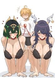 1boy 2girls aether_(genshin_impact) akazuan_19 all_fours big_breasts black_bra black_panties blonde_hair blush bra breasts collar female femsub genshin_impact green_eyes green_hair hair_over_one_eye happy_sub highres horns huge_breasts large_breasts larger_female lauma_(genshin_impact) leash long_hair male maledom mole mole_under_eye multiple_girls nefer_(genshin_impact) panties petplay pointy_ears shirt short_hair size_difference small_dom_big_sub smaller_male sweat thick twitter_username underwear voluptuous white_shirt