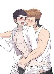 2boys abs clothed clothed_sex danganronpa danganronpa:_trigger_happy_havoc gay handjob kiyotaka_ishimaru male male_only mondo_oowada pants_down penis pompadour precum reach_around shirt_open smooth_skin source_request yaoi