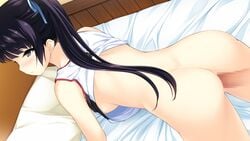 all_fours ass bed black_eyes black_hair blue_ribbon bottomless breasts censored female habane_kotori hair_ribbon highres imageboard_sample indoors jpeg_artifacts kono_oozora_ni_tsubasa_wo_hirogete medium_breasts mosaic_censoring nipples penis ribbon sex shirt_lift solo_focus twintails