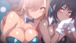 2d 2d_(artwork) 2girls alternate_version_available anime_style artwork_(digital) asuna_(blue_archive) asuna_(bunny)_(blue_archive) asuna_(bunny_girl)_(blue_archive) big_breasts black_body black_bunnysuit black_clothing black_hair black_skin black_skinned_female blonde_female blonde_hair blue_archive blue_bunnysuit blue_eyes blue_ribbon blurry_background blush blush_lines blushing_at_viewer breast_focus breasts bunny_costume bunny_girl bunnysuit clothed colored curvy curvy_female curvy_figure cyan_clothing cyan_ribbon dark-skinned_female eyelashes female female_focus female_only focus_on_breasts focus_on_face friends gloves happy head_on_hand high_resolution highres image interracial karin_(blue_archive) karin_(bunny)_(blue_archive) karin_(bunny_girl)_(blue_archive) laying_down laying_on_stomach leaning_on_hand light-skinned_female long_hair no_nude no_nudity orange_eyes out_of_frame parody pink_blush ribbon screenshot screenshot_edit similar_looking smiling smiling_at_another smiling_at_viewer theobrobine thick_ass thick_eyelashes thick_thighs video_game video_game_character video_game_franchise video_games white_gloves white_skin white_skinned_female yellow_eyes