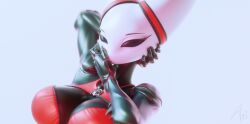 1girls 3d ari_anim black_body black_eyes breasts bug carapace cleavage compound_eyes exoskeleton eyebrows eyelashes female fingers hands hands_on_head headstrap highres hollow_knight hollow_knight:_silksong hornet_(hollow_knight) leather leather_straps lingerie looking_at_viewer plate portrait red_bra spider white_head