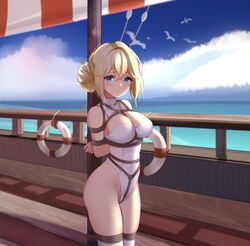 1girls absurdres alternate_costume arms_behind_back azur_lane bare_shoulders bird blonde_hair blue_eyes blush boat bondage bound breasts closed_mouth cloud crotch_rope day eyebrows_visible_through_hair female formal hair_ornament highres jeanne_d'arc_(azur_lane) large_breasts lifebuoy looking_at_viewer mimori_(etnp8853) ocean outdoors partially_visible_vulva seagull ship short_hair sky solo suit thighhighs thighs tied_to_pole tied_up watercraft white_legwear white_suit yuuraku_yuraku