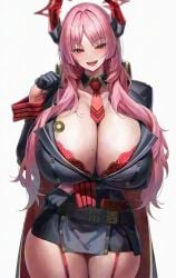 1girls artist_request big_breasts blue_archive bra_outline breast_exposed coin_on_string female female_only garter_belt gehenna_academy_student halo horns hypnosis military_uniform mole_on_breast pink_hair satsuki_(blue_archive) stockings tie_between_breasts uniform