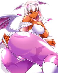 1girls clothing cosplay dark_skin darkstalkers female hamon_ai idolmaster medium_breasts morrigan_aensland morrigan_aensland_(cosplay) pink_legwear purple_eyes shijou_takane solo tagme white_shoes