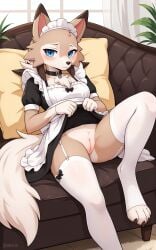 1girls 2025 ai_generated annoyed anthro blue_eyes brown_fur canine digitigrade dress dress_lift embarrassed female female_only generation_7_pokemon hi_res innie_pussy laying_down laying_on_back living_room lycanroc maid maid_uniform midday_lycanroc nintendo no_panties pokemon pokemon_(species) pussy shy sofa thighhighs white_fur zonoya_(artist)
