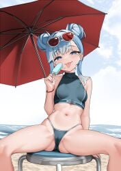 1girls beach beach_umbrella brat bratty clothed earrings exhibitionism exhibitionist hair_buns hololive hololive_indonesia hololive_indonesia_holoh3ro ice_cream kobo_kanaeru legs legs_spread ocean outside popsicle popsicle_melting raikkonen sitting small_breasts spread_legs stool sunglasses sunglasses_on_head swimsuit swimwear teasing tongue_out virtual_youtuber