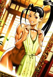 abs ahoge ai-created ai_generated biceps black_hair black_pubic_hair breasts brown_eyes capcom casual_nudity clavicle cleavage clothes_hanger clothing completely_nude deltoids door dress dutch_angle excited eyelashes female female_pubic_hair floral_print green_dress grin hair_pulled_back high_ponytail high_resolution holding holding_clothes holding_dress holding_object ibuki_(street_fighter) indoors japanese_architecture lips long_hair looking_at_mirror looking_at_viewer mirror muscle muscular_female navel nude open_door ponytail portrait pubic_hair reflection sliding_doors smile solo standing street_fighter street_fighter_iii:_3rd_strike street_fighter_iv street_fighter_v sundress tagme teeth tied_hair toned triceps unworn_dress