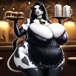 ai ai_generated anthro barmaid barmaid_outfit bbw belly big_belly big_breasts bovid bovine breasts burger chubby chubby_female cow_ears cow_girl cow_horns cow_print female female_only looking_at_viewer maid milk mommy nipples overweight overweight_female slightly_chubby slightly_chubby_female thepyromancerfox