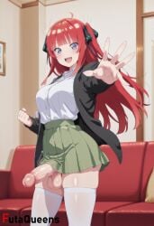 :d ai_generated black_ribbon blue_eyes blunt_bangs blush breasts butterfly_hair_ornament cardigan clenched_hand collared_shirt couch cowboy_shot erection female futanari futaqueens green_skirt hair_ornament hair_ribbon huge_cock indoors jacket large_breasts large_penis large_testicles long_hair long_sleeves looking_at_viewer nakano_nino open_clothes open_mouth outstretched_arm penis pleated_skirt reaching reaching_towards_viewer red_hair ribbon shirt shirt_tucked_in skindentation skirt smile solo standing teeth testicles the_quintessential_quintuplets thighhighs two_side_up uncensored upper_teeth_only veins veiny_penis white_shirt white_thighhighs