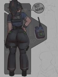 1girls ass ass_bigger_than_head ass_focus big_ass big_breasts big_butt black_hair black_legwear black_pants blue_jacket blush brown_eyes child_bearing_hips clothing clozzy01 dumptruck_ass fat_ass female film_grain from_behind gigantic_ass grey_background high-waist_pants highres huge_ass jacket legs_together long_hair lower_body pants solo thick_ass thick_legs thick_thighs thighs tight_clothes tight_pants wide_hips zenless_zone_zero zhu_yuan