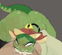 1boy 1girls blush breasts_out commission cum cum_in_mouth dick_in_mouth dinossom green_body green_cock open_mouth oral oral_sex orgasm_face palworld qwpeowqpe struggling sweat tagme