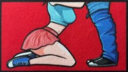 1boy 1boy1girl 1girls artist_request blue_shirt blue_shoes breasts duo fellatio head_out_of_frame implied_fellatio kneeling large_breasts leaf_(pokemon) oral out-of-frame_censoring pants_down pink_skirt pokemon skirt sneakers source_request straight