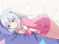 aqua_eyes blush bow breasts check_translation closed_mouth clothed_masturbation diagonal-striped_background dot_nose double-parted_bangs eromanga_sensei female female_masturbation grabbing_own_breast grey_background hairbow izumi_sagiri looking_to_the_side low-tied_sidelocks lying masturbation on_side open_pajamas pajamas pink_pajamas pink_shorts shorts sidelocks simple_background solo speech_bubble striped_background translation_request twitching zuyosh