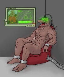 anthro biceps bodily_fluids chained chair claws drooling erection eyewear feet furniture genital_fluids genitals goggles grey_background hypnosis male male_only mammal mind_control muscular muscular_male nude pecs penis precum rak_wraithraiser red_eyes reptile saliva scalie screen simple_background solo tongue tongue_out tower_of_god uchihadems