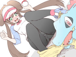 1girls alternate_eye_color ambiguous_gender angelo_(gomahangetsu) blushing brown_hair double_bun embarrassed green_eyes hoosaku human leggings nintendo pale-skinned_female pale_skin panties pokemon pokemon_bw2 pokemon_gsc rosa_(pokemon) sketch small_breasts thick_thighs thighs torn_clothes totodile twintails whooosaku