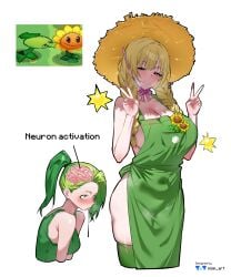 1girls 2girls apron ass ass_awe belly_button_visible_through_clothing big_breasts blush breasts cleavage clothed double_peace_sign double_v drooling female flora_fauna green_hair human humanized meme naked_apron navel_visible_through_clothes neuron_activation neuron_activation_(meme) nisp_art peace_sign peashooter_(pvz) plant plant_girl plant_humanoid plantie plants_vs._zombies plants_vs_zombies ponytail popcap_games pussy red_eyes skindentation staring_at_ass staring_at_partner steam straw_hat sun_(pvz) sunflower_(pvz) text thick_ass thick_thighs thighhighs thighs twin_braids twin_sunflower_(pvz) yuri