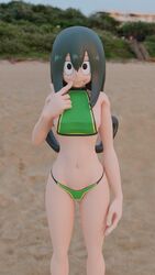 1girls 3d beach bikini blender euro female female_only green_hair looking_at_viewer my_hero_academia shy solo tsuyu_asui