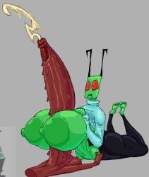 1boy 1girls 2025 antennae_(anatomy) areola areolae balls barbed_penis barefoot big_areola big_breasts big_penis black_leggings borrowed_character breasts bug cock_shock duo ejaculation ejaculation_between_breasts female gigantic_breasts gigantic_penis green_areola green_nipples green_skin grey_background huge_areolae huge_breasts huge_cock hyper_penis large_breasts large_penis male nipples no_pupils nude_male nude_male_clothed_female nude_male_partially_clothed_female oc original original_character paizuri penis red_eyes red_skin shirt_up shrumblegumble teal_sweater testicles thick_thighs turtleneck_sweater worried worried_expression