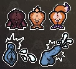 akad_(akadthefox) ambiguous_gender anthro anus ass ass_up avriel_(peyotethehyena) bodily_fluids brown_body brown_fur canid canine chibi cum digital_media_(artwork) ejaculation erection fox fur genital_fluids genitals group hyena icon lagomorph leporid long_rhode male mammal markings mooning multiple_piercings nonbinary_(lore) orange_body orange_fur pawpads penis perineum piercing pixel_(artwork) pixelated presenting presenting_anus rabbit rhode_(long_rhode) spots spotted_body spotted_fur sticker sticker_pack trio vaginal_fluids vaginal_squirting vulva