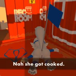 3d 3d_(artwork) alternate_version_available anal_insertion anal_object_insertion anthro anthro_female anthro_only arm_warmers big_tail blue_clothing clothing_aside dialogue face_down_ass_up flag flag_in_ass fluffy_tail furry furry_female furry_only grey_pawpads high_quality leg_warmers on_the_floor passed_out pawpads paws pussy raised_tail rec_room self_upload shaded sunny_(melodynotmel) syntholsoul text vagina white_body white_fur